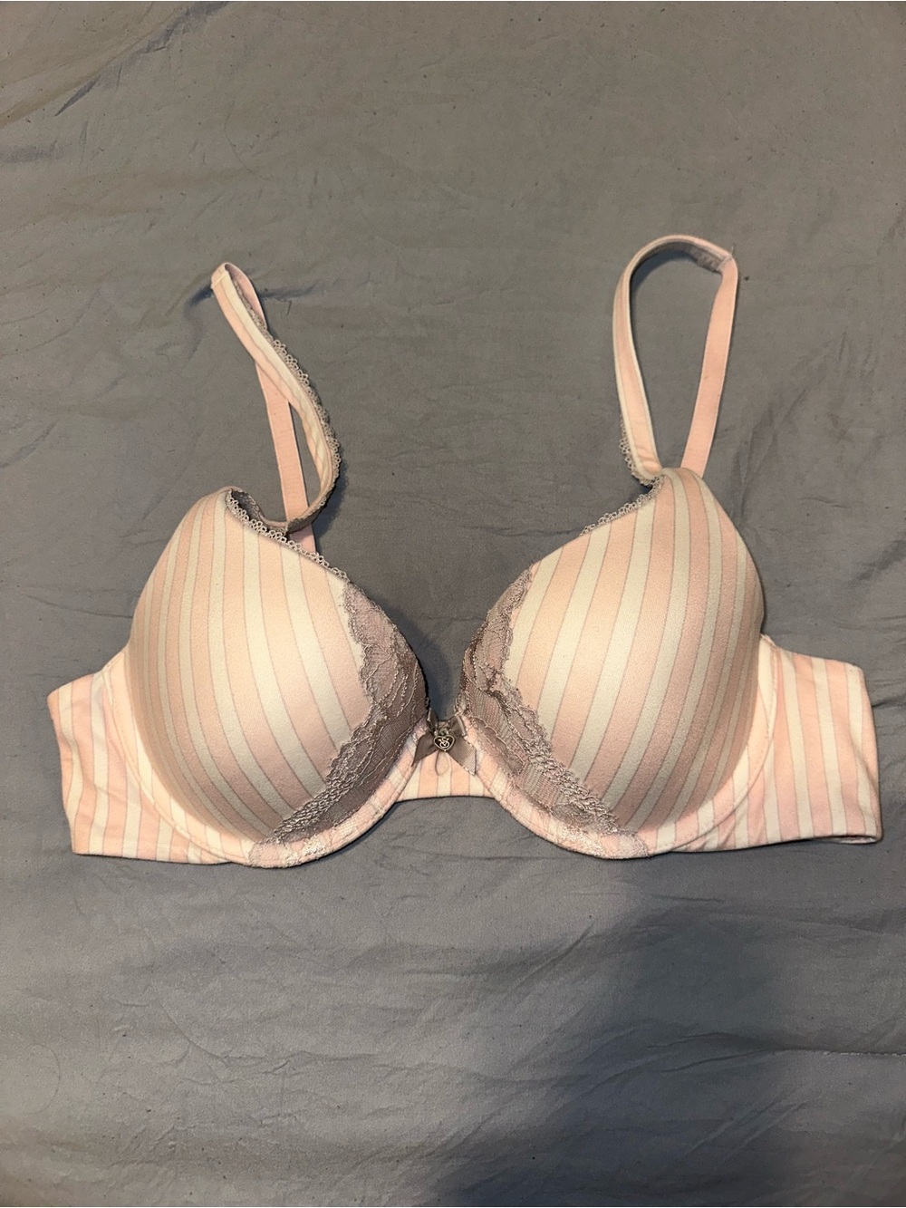 Victoria's Secret Pink and White Striped Lace-Trim Bra